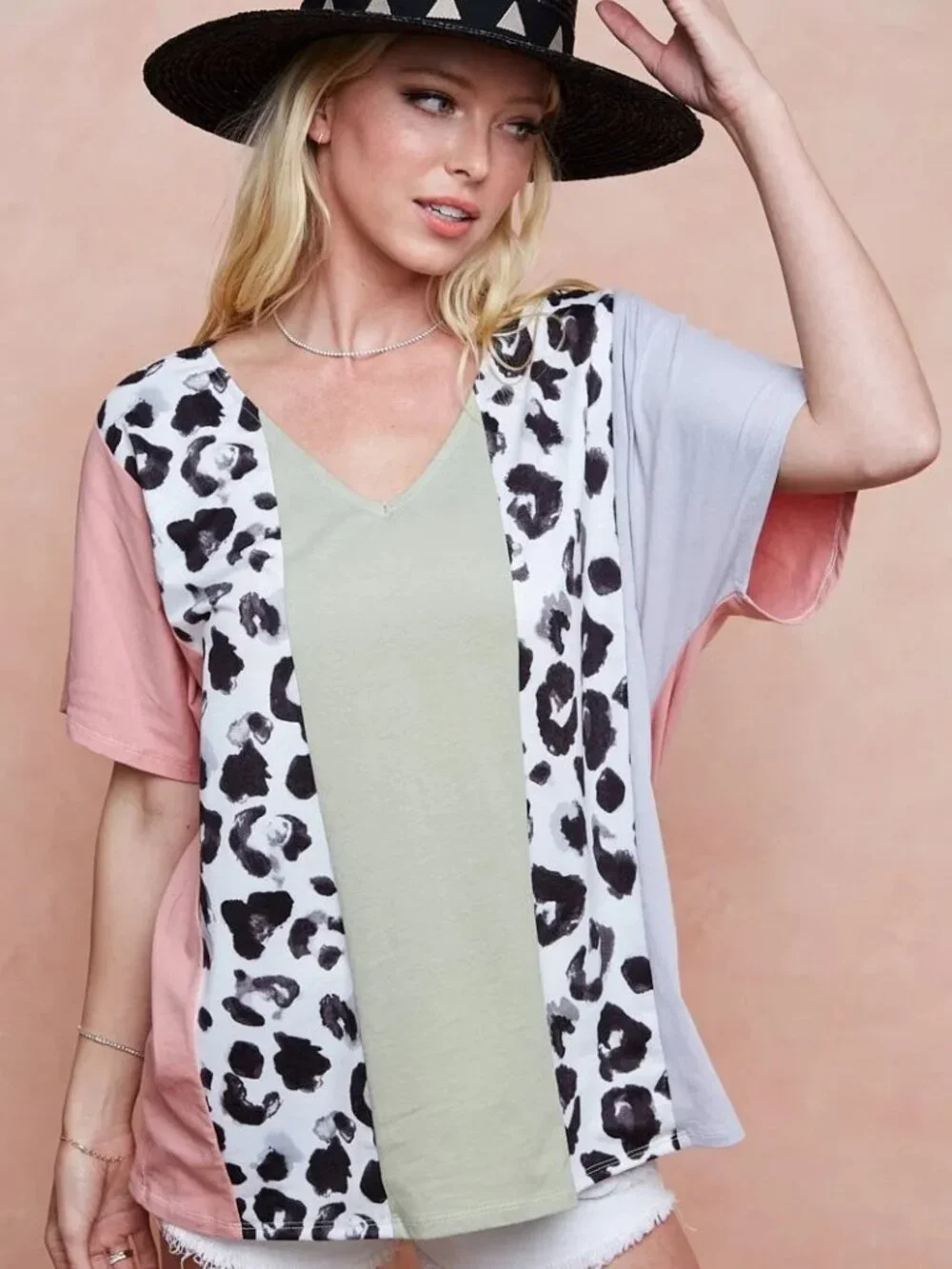 BiBi Cotton Span Knit With Leopard Color Block Top